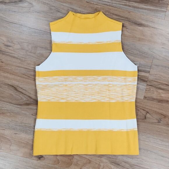 ☔️🔺️Nine West Yellow & White Striped Stretch Fitted Sleeveless Top Medium - Picture 2 of 9